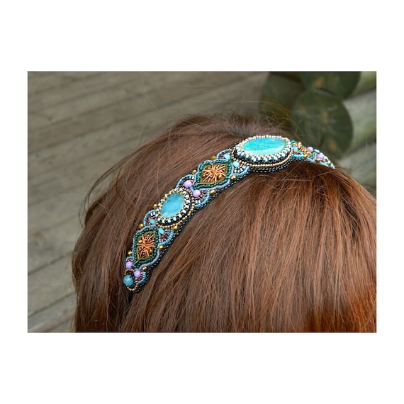 Turquoise Bejeweled Headband Turquoise Headband - Gatsby Headband- Photo Props - Beaded  main image 3