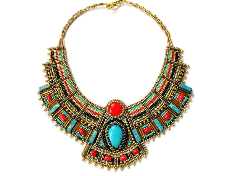Large egyptian beaded necklace for women Cleopatra statement collar necklace Bead embroidered necklace Gemstone bib necklace Gift for her image 9