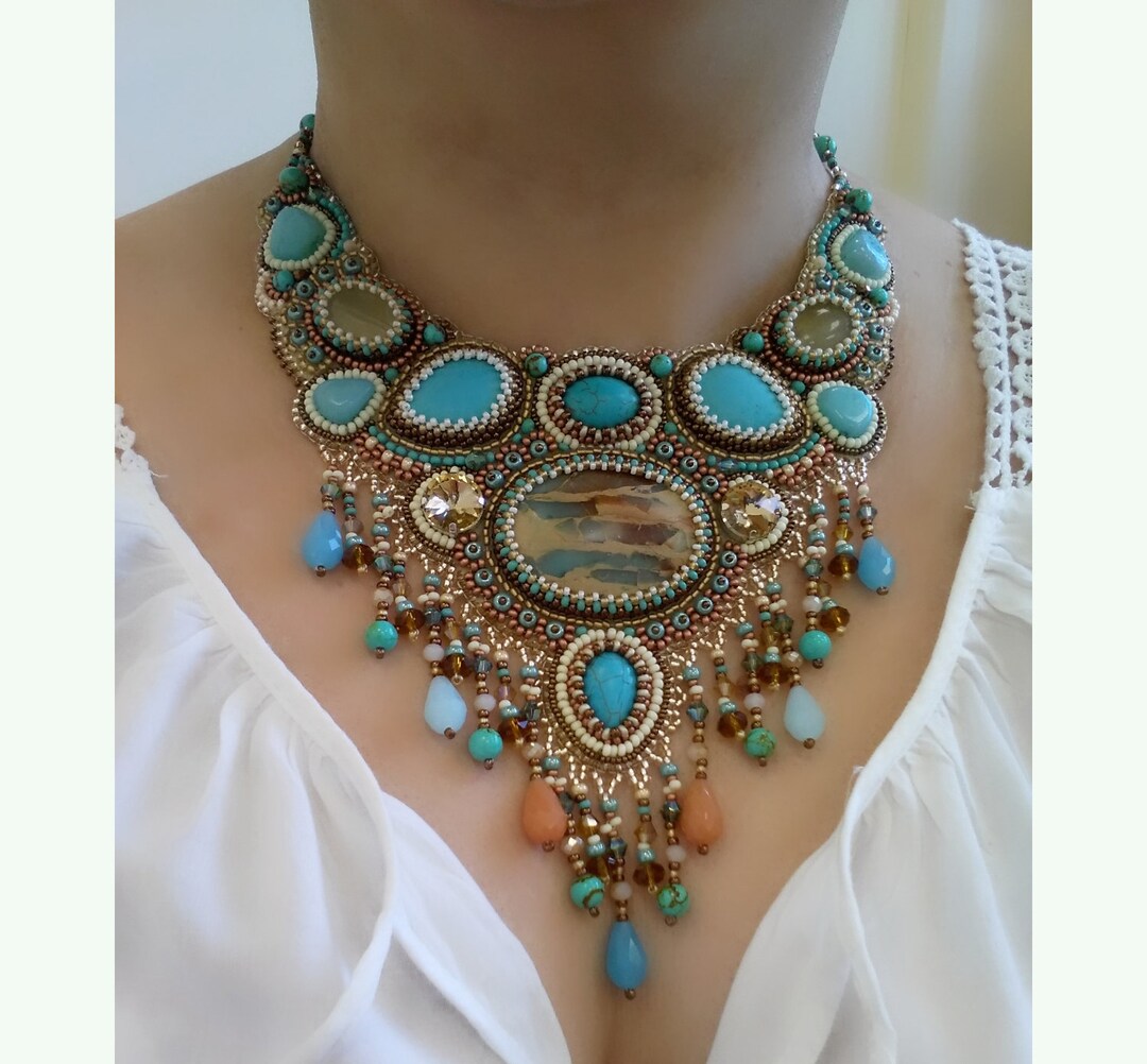 Bead Embroidered Necklace Turquoise Bib Necklace for Women Etsy