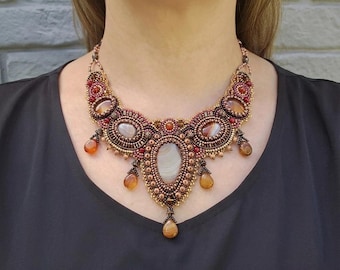 Terracotta statement necklace Bead embroidery jewelry Handmade Gemstone chunky necklace for women Orange and red carnelian bib necklace