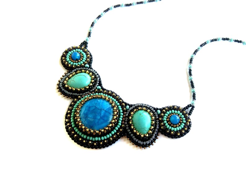 Royal blue statement necklace Bead embroidered necklace Turquoise chunky necklaces for women Gemstone bib necklace image 8