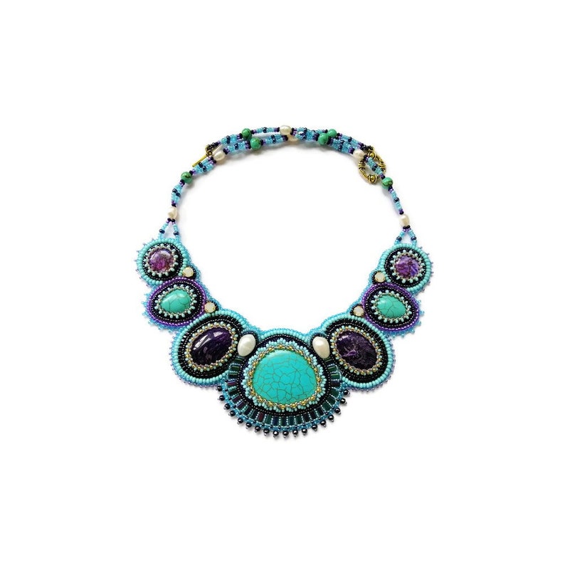 Turquoise statement necklace for women Bead embroidered jewelry with gemstone Handmade Purple and teal bib necklace Collar chunky necklace image 1