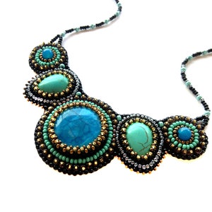 Royal blue statement necklace Bead embroidered necklace Turquoise chunky necklaces for women Gemstone bib necklace image 3