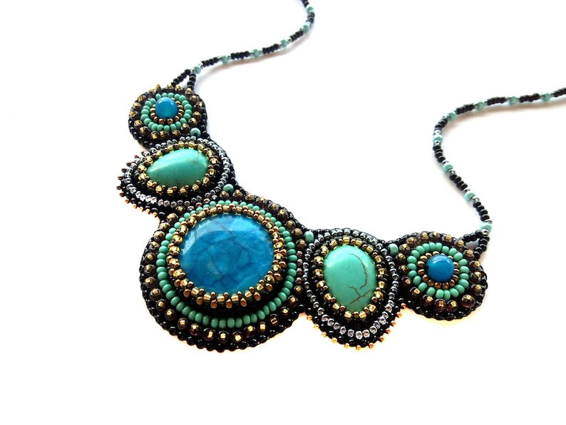 Royal blue statement necklace Bead embroidered necklace Turquoise chunky necklaces for women Gemstone bib necklace image 3