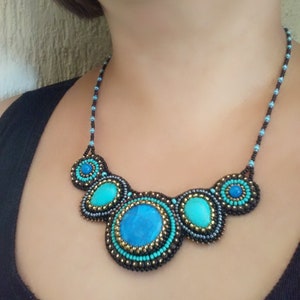 Royal blue statement necklace Bead embroidered necklace Turquoise chunky necklaces for women Gemstone bib necklace image 2