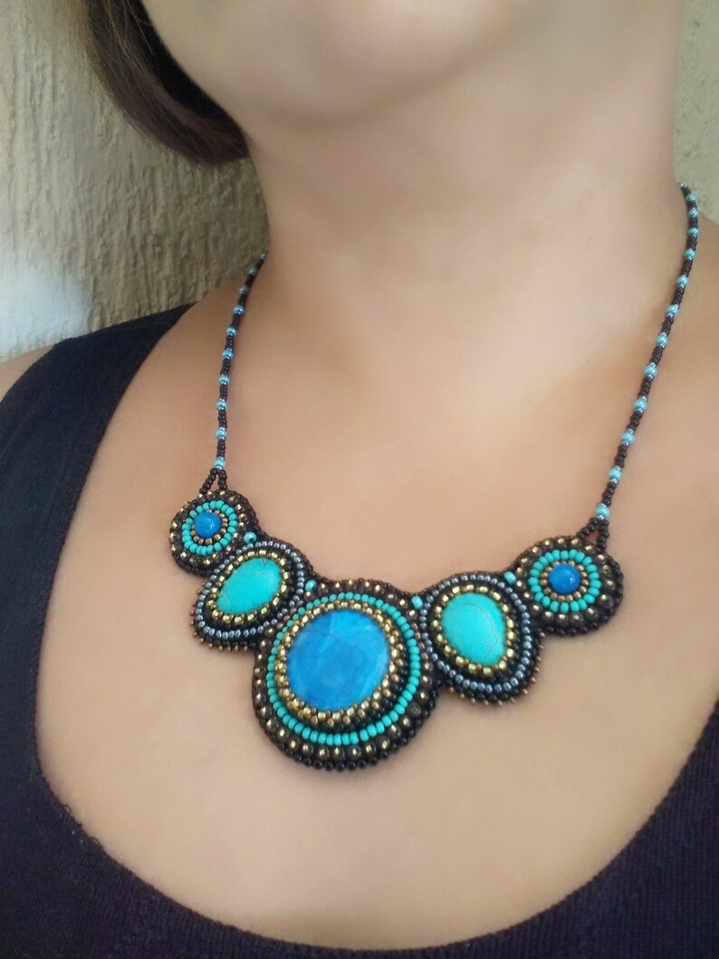 Royal blue statement necklace Bead embroidered necklace Turquoise chunky necklaces for women Gemstone bib necklace image 2