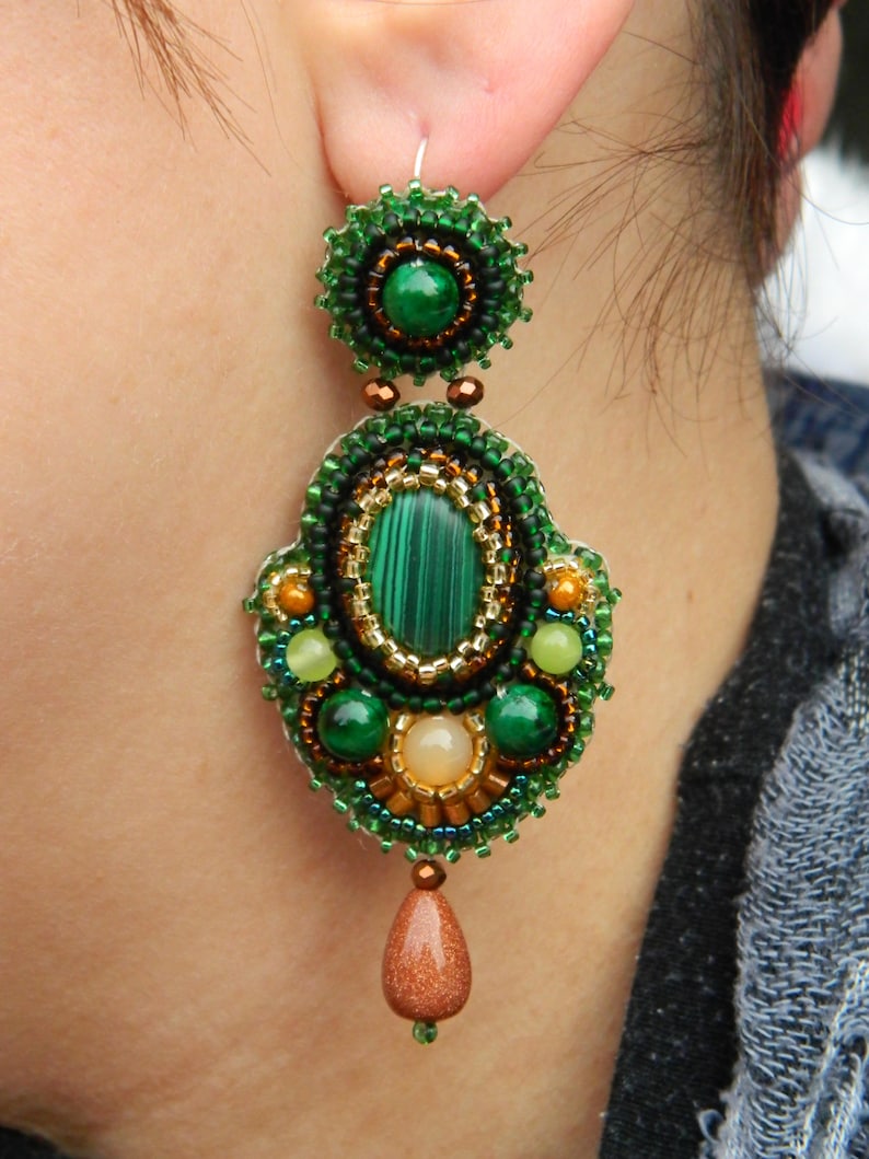 Green statement earrings Mayan earrings Malachite jewelry Embroidered earrings Boho bridal earrings Long dainty earrings Evening earrings