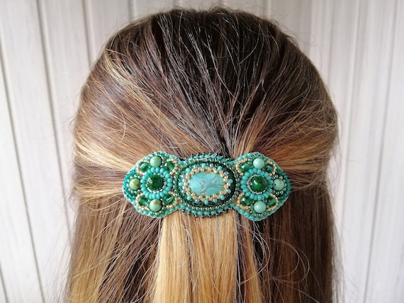 Small Turquoise Hair Clip Emerald Green Beaded Barrette Bead  display picture 3