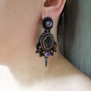 Dark grey and purple statement earrings Bead embroidery earrings Garnet amethyst chandelier earrings Large gemstone earrings for women image 5