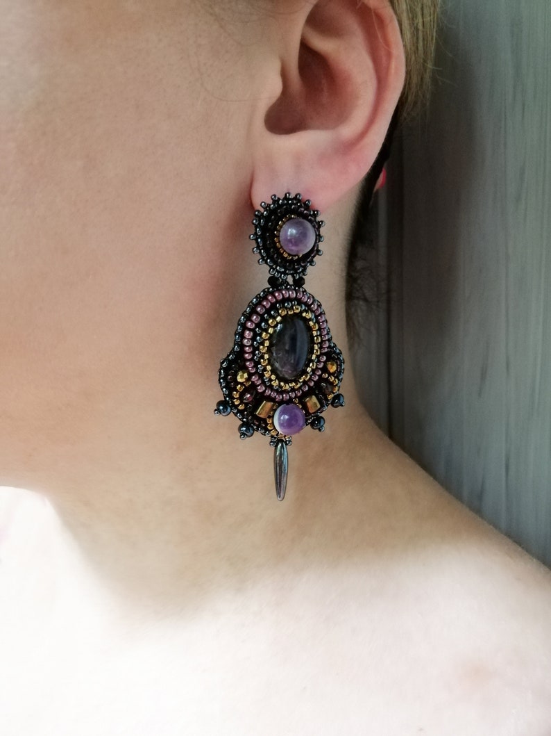 Dark grey and purple statement earrings Bead embroidery earrings Garnet amethyst chandelier earrings Large gemstone earrings for women image 5