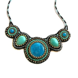 Royal blue statement necklace Bead embroidered necklace Turquoise chunky necklaces for women Gemstone bib necklace image 9