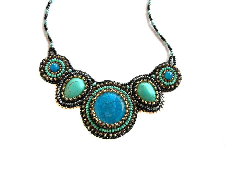 Royal blue statement necklace Bead embroidered necklace Turquoise chunky necklaces for women Gemstone bib necklace image 9