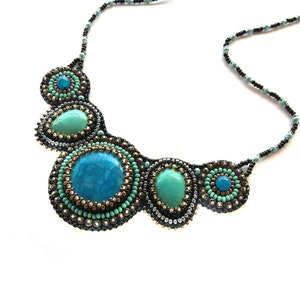Royal blue statement necklace Bead embroidered necklace Turquoise chunky necklaces for women Gemstone bib necklace image 10