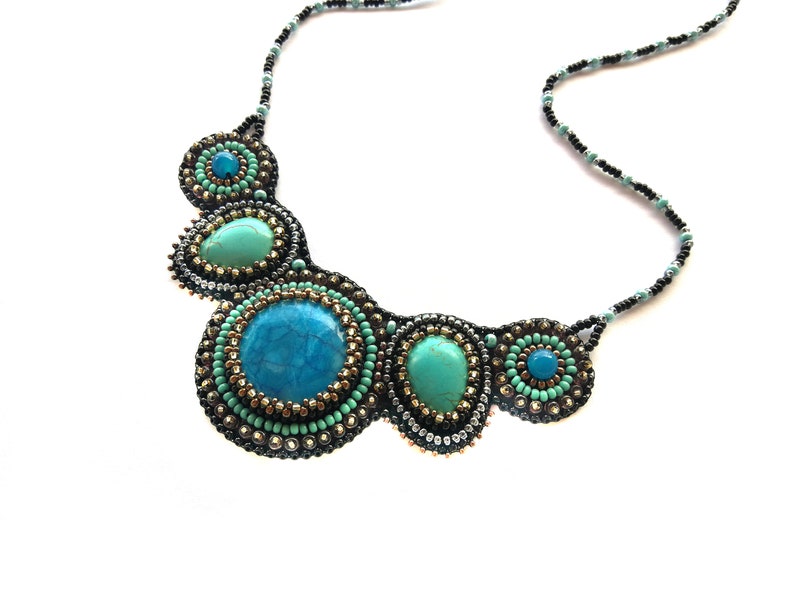 Royal blue statement necklace Bead embroidered necklace Turquoise chunky necklaces for women Gemstone bib necklace image 10