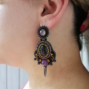 Dark grey and purple statement earrings Bead embroidery earrings Garnet amethyst chandelier earrings Large gemstone earrings for women image 3