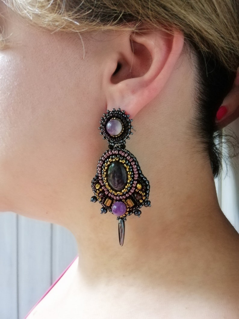 Dark grey and purple statement earrings Bead embroidery earrings Garnet amethyst chandelier earrings Large gemstone earrings for women image 3