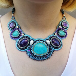 Turquoise statement necklace for women Bead embroidered jewelry with gemstone Handmade Purple and teal bib necklace Collar chunky necklace image 8