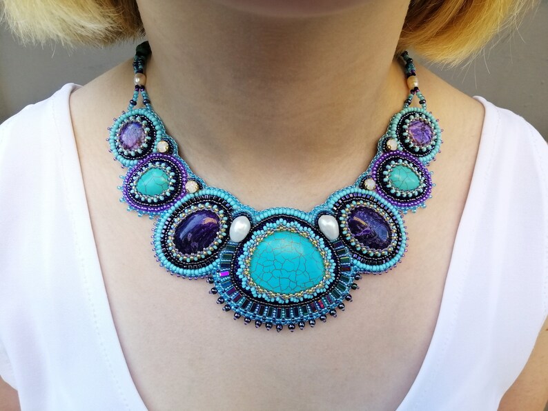 Turquoise statement necklace for women Bead embroidered jewelry with gemstone Handmade Purple and teal bib necklace Collar chunky necklace image 8