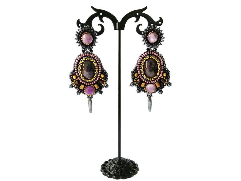 Dark grey and purple statement earrings Bead embroidery earrings Garnet amethyst chandelier earrings Large gemstone earrings for women image 4