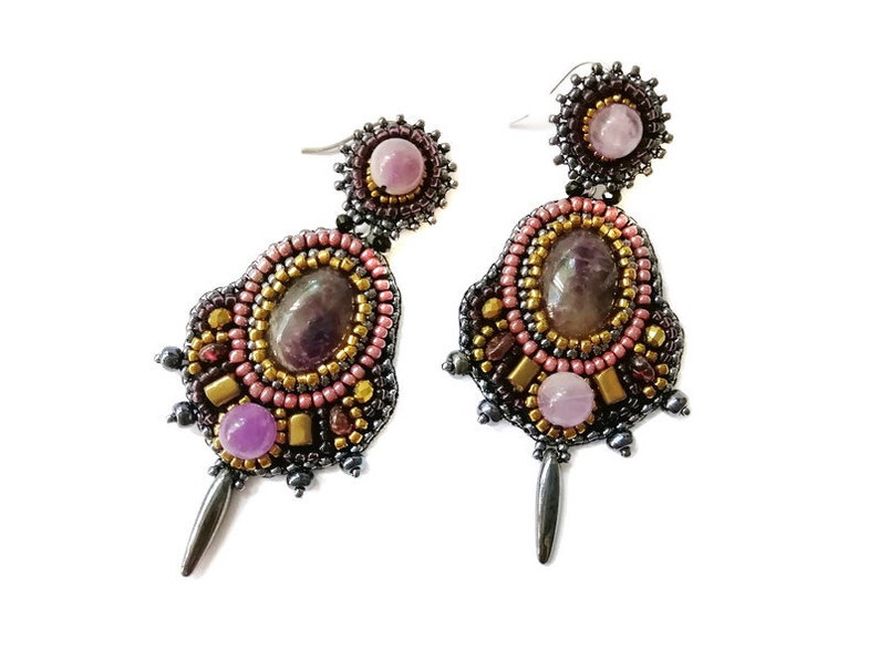 Dark grey and purple statement earrings Bead embroidery earrings Garnet amethyst chandelier earrings Large gemstone earrings for women image 1