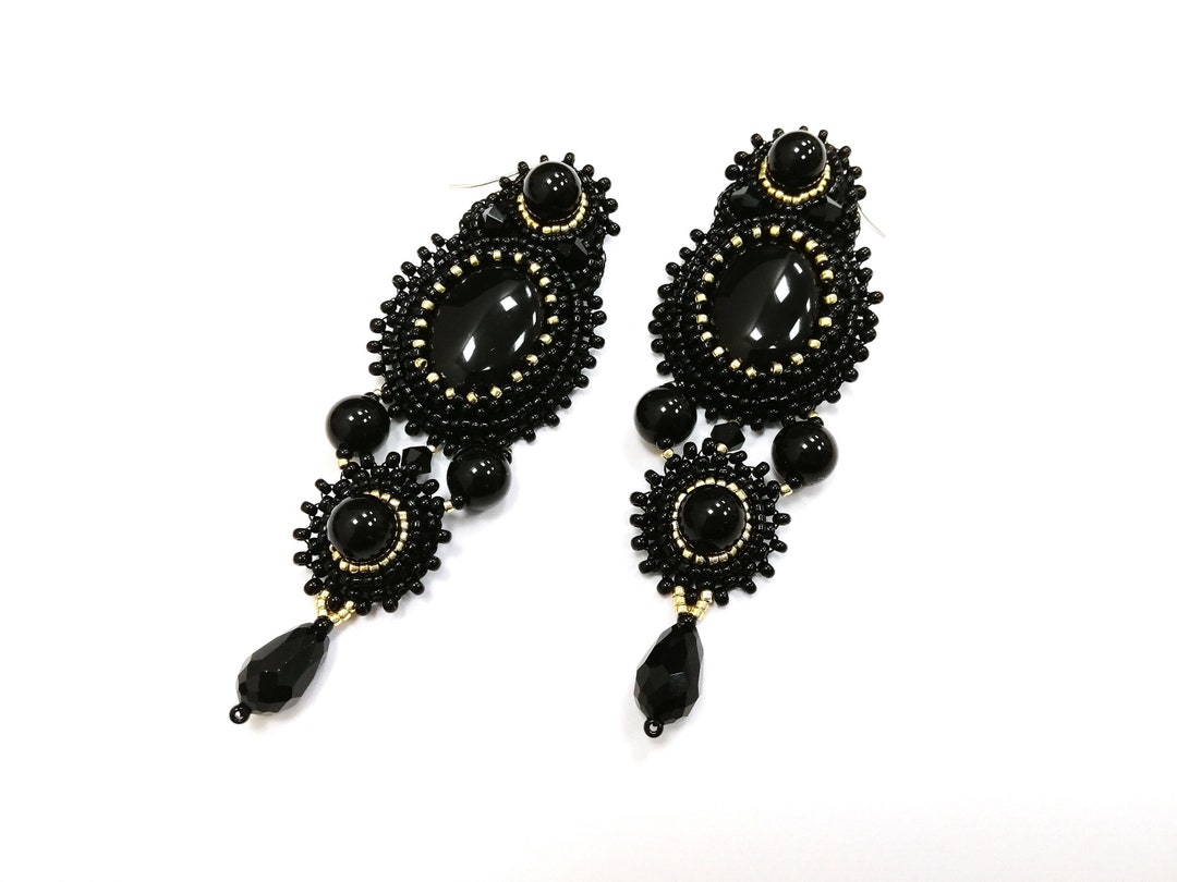 Black Gold Chandelier Earrings Bead Embroidery Earrings Large Etsy