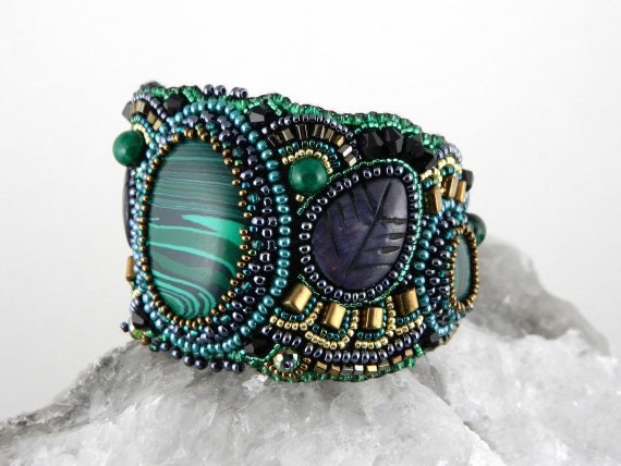 Bead Embroidery Bracelet Malachite Cuff Bracelet Green Beaded Cuff
