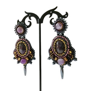 Dark grey and purple statement earrings Bead embroidery earrings Garnet amethyst chandelier earrings Large gemstone earrings for women image 6