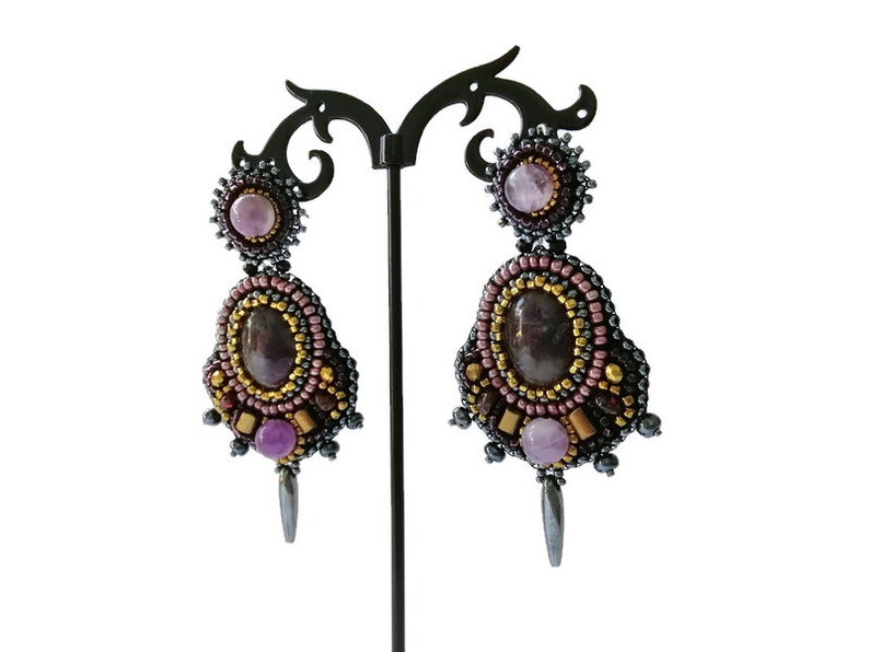 Dark grey and purple statement earrings Bead embroidery earrings Garnet amethyst chandelier earrings Large gemstone earrings for women image 6