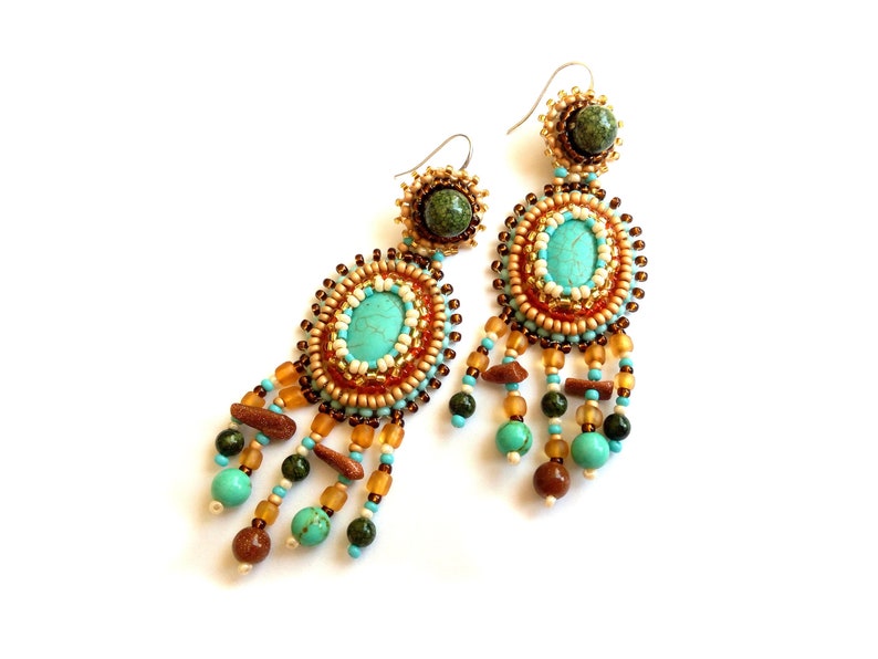 Turquoise ethnic chandelier earrings Teal statement earrings for women Bead embroidery earrings with gemstone Handmade Mother day gift image 1