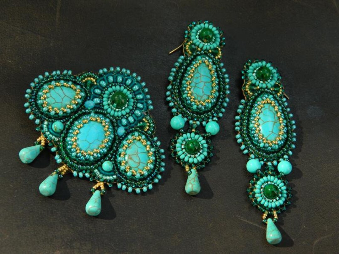 Bead Embroidered Jewelry Set Turquoise Chandelier Earrings Etsy
