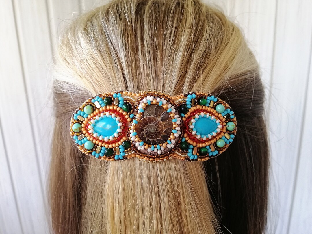Small Ammonite Turquoise Barrette Blue Brown Beaded Hair Clip Etsy