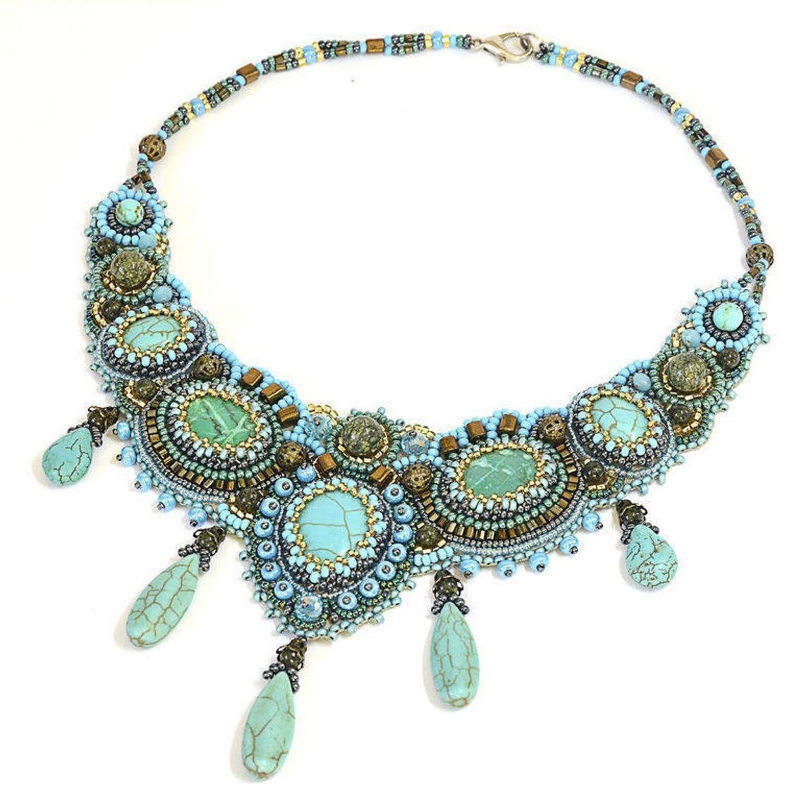 Earthy Slabs of Green Howlite Turquoise Bib Necklace - Scarlette Dove