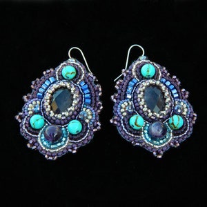 Turquoise and amethyst earrings Large purple earrings Bead embroidery earrings Lightweight statement earrings Beaded teardrop earrings