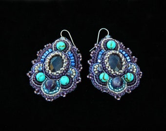 Turquoise and amethyst earrings Large purple earrings Bead embroidery earrings Lightweight statement earrings Beaded teardrop earrings