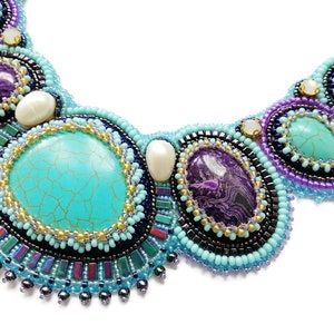 Turquoise statement necklace for women Bead embroidered jewelry with gemstone Handmade Purple and teal bib necklace Collar chunky necklace image 6