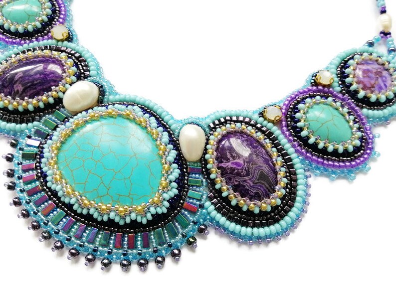 Turquoise statement necklace for women Bead embroidered jewelry with gemstone Handmade Purple and teal bib necklace Collar chunky necklace image 6