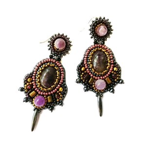 Dark grey and purple statement earrings Bead embroidery earrings Garnet amethyst chandelier earrings Large gemstone earrings for women image 7