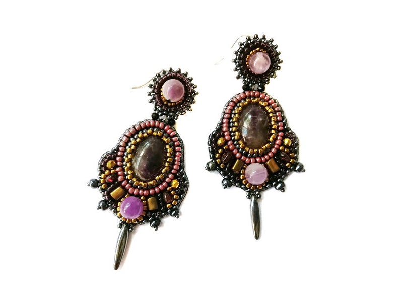 Dark grey and purple statement earrings Bead embroidery earrings Garnet amethyst chandelier earrings Large gemstone earrings for women image 7