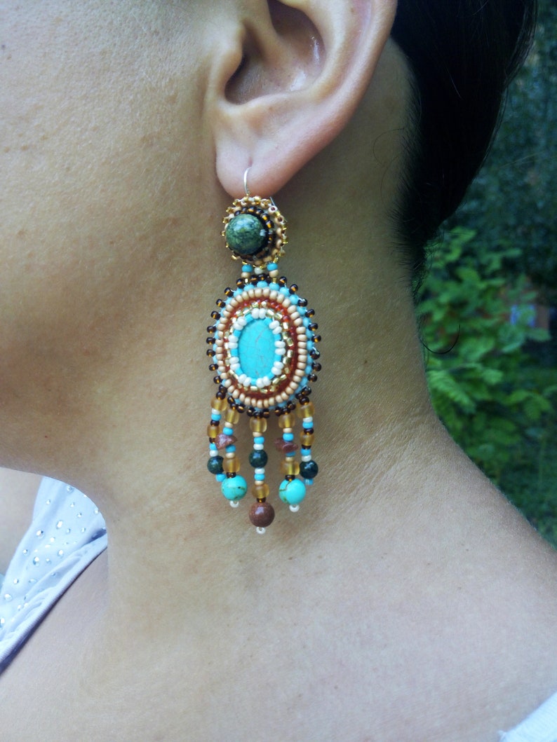 Turquoise ethnic chandelier earrings Teal statement earrings for women Bead embroidery earrings with gemstone Handmade Mother day gift image 4