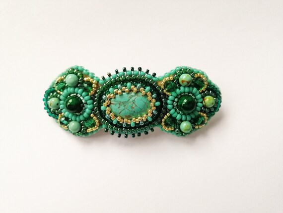 Handcrafted Green Stone Barrette Hair Clip Malachite Gemstone Hair Clip: Emerald Green Barrette, Silver  main image 4