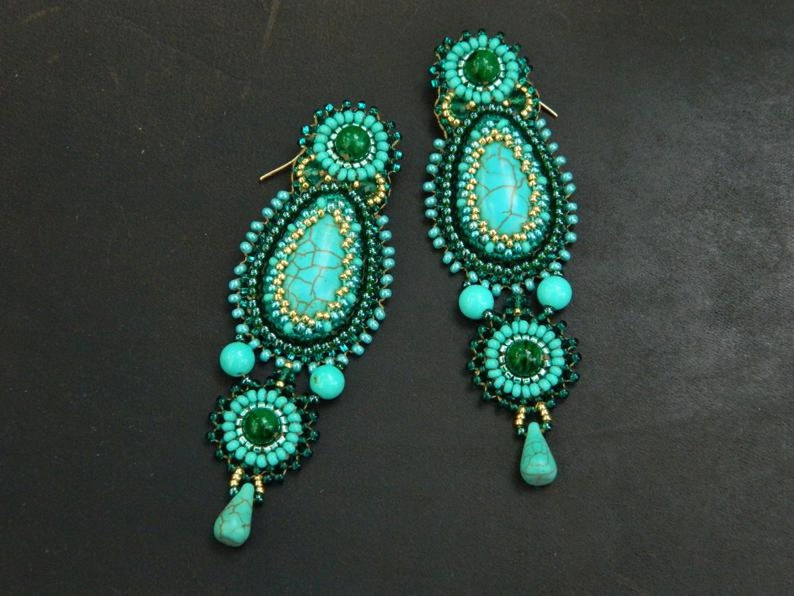 Bead Embroidered Jewelry Set Turquoise Chandelier Earrings Etsy