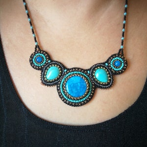 Royal blue statement necklace Bead embroidered necklace Turquoise chunky necklaces for women Gemstone bib necklace image 6