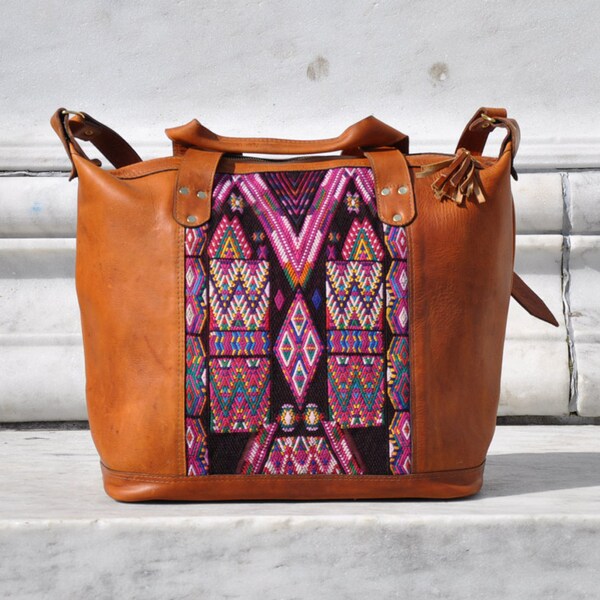 Gorgeous Huipil And Leather Weekender Bag, Guatemala Weekender Bag, Colorful Huipil Bag, Fine Soft Leather Weekender Bag