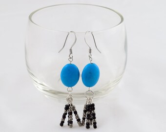 Turquoise Dangle Earrings, Blue Dangle Earrings, Handmade Earrings, Seed Bead Earrings, Beaded Dangle Earrings, Black and Silver Earrings