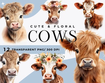 Floral Highland Cow Watercolor Clipart: Baby Animals PNG Bundle (Digital Download)
