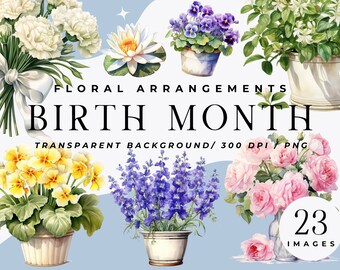 Watercolor Birth Month Floral Clipart: PNG Flower Arrangements (Digital Download)