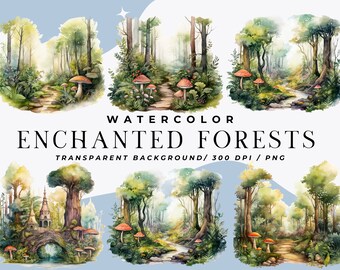 Clipart de Bosque Encantado en Acuarela: Arte Fantástico (Descarga Digital)