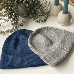 メンズ ウール&シルク ニットビーニー / ダブルブリム ソフトヤーン ハット / フィッシャーマンズ ハット / グレー/ブルー ニットビーニー / すぐに発送