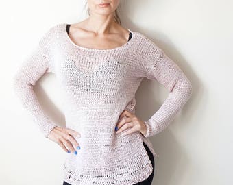 Light Dusty Pink Handknit 100% Silk Summer Pullover / Pink Boho Sweater