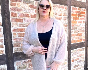 Beige Mohair and Silk  Blend Hand Knitted Long Cardigan/ Lightweight Mohair Coat